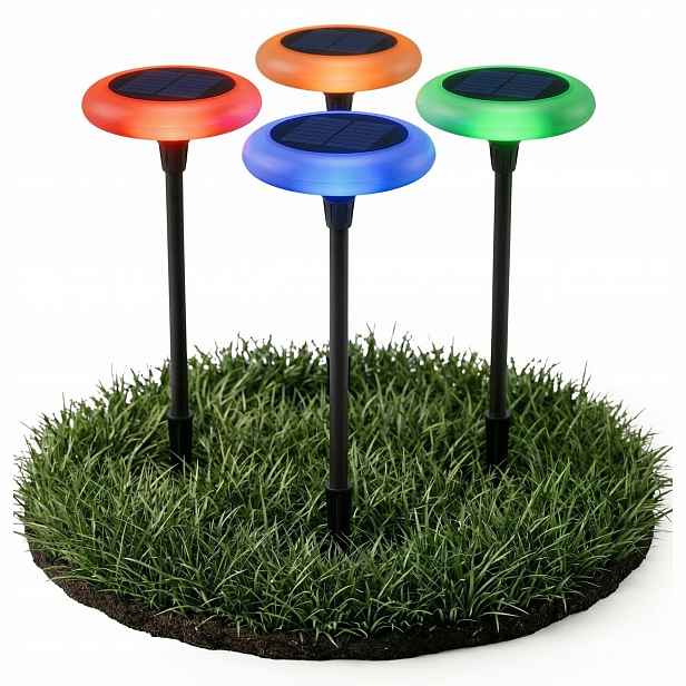 Solární Lampa Led Zahradní Zapichovací IP65 75 cm Rgb Houba Snímač soumraku