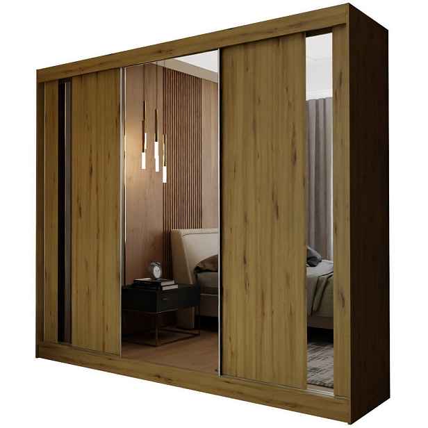 MASSENO ŠATNÍ SKŘÍŇ S POSUVNÝMI DVEŘMI GRAZIA, 240/216/61 cm 3dveřová se zrcadlem, dub Artisan