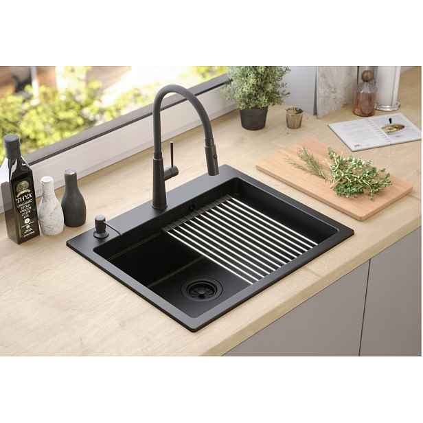Quadron Kurt 110 Dřez černé granitové 1 komora 59x50 cm Flexibilní Ramínko
