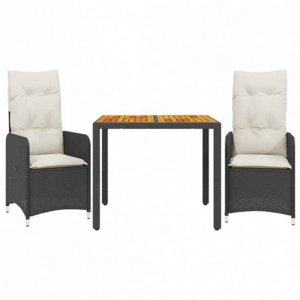 vidaXL 3dílný zahradní bistro set s poduškami černý polyratan