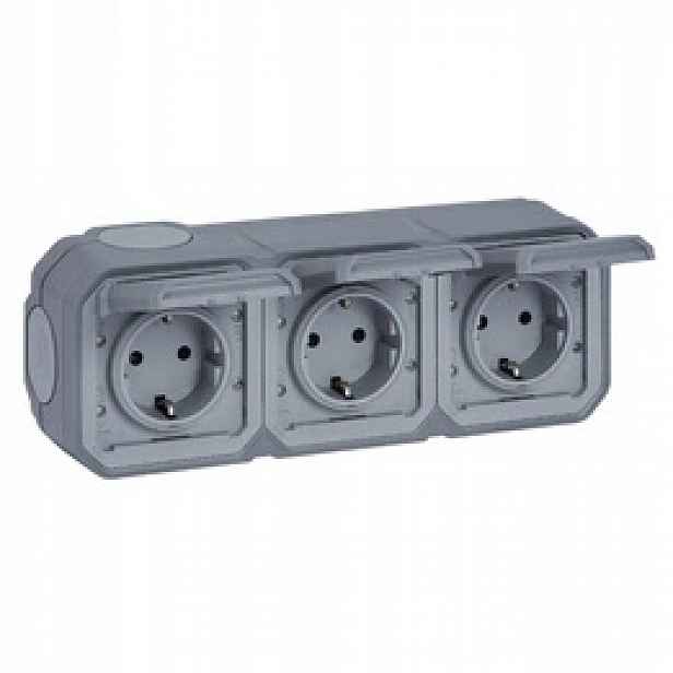 Nové Plexo trojité zásuvky Schuko 3x2P+Z horizontální Šedé Legrand 069743L