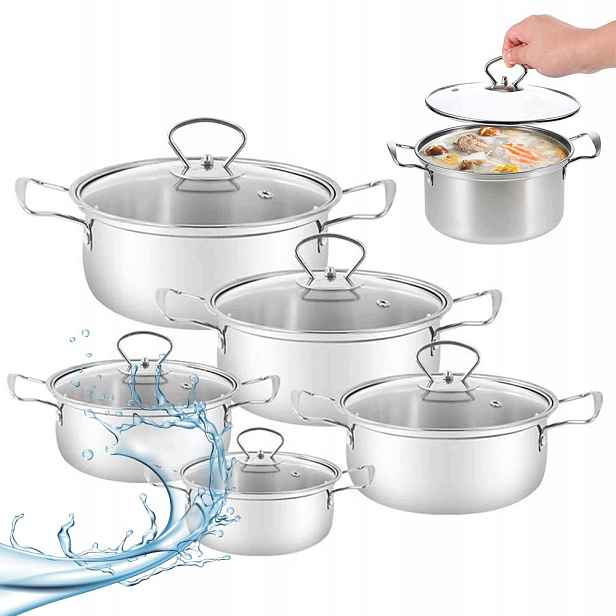 Sada Hrnců 5 Kusů Nerezová Ocel 16-24 cm Skleněné poklice Indukce