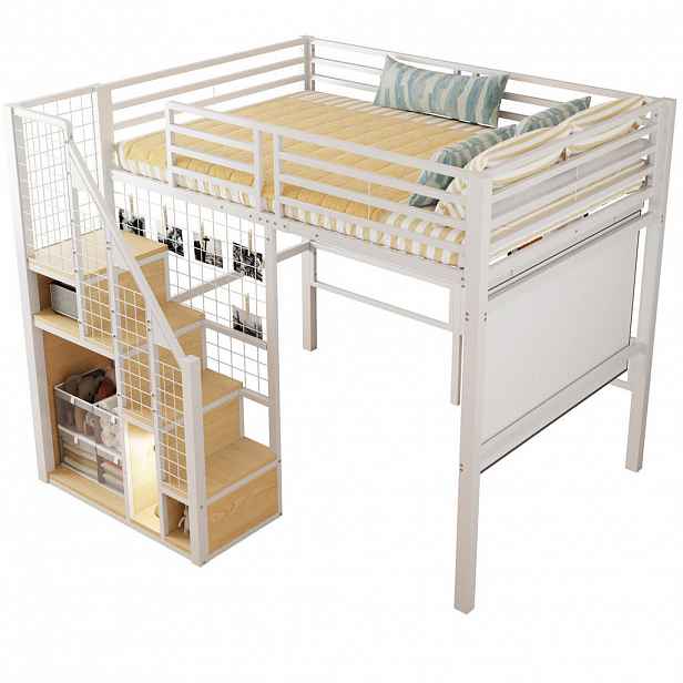 STILVORA HOCHBETT 140/200 cm in Weiß Kinderbett mit Stauraum und Treppe Metall