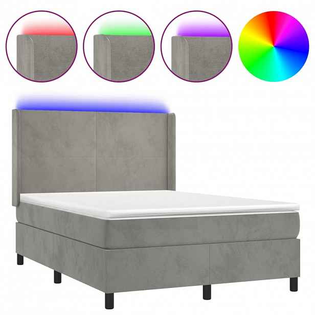 vidaXL Box spring postel s matrací a LED světle šedá 140x190 cm samet