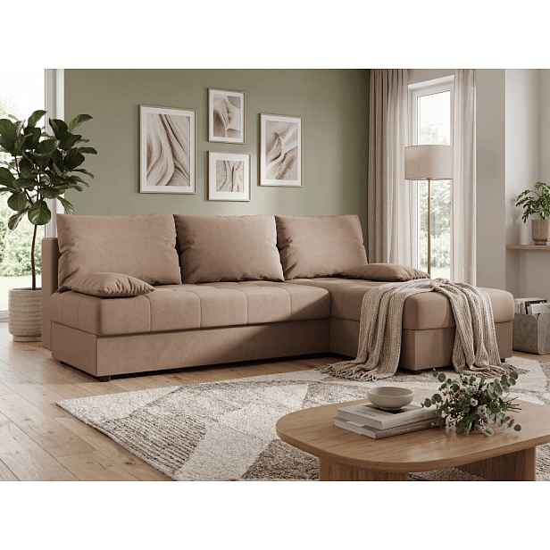 Rozkládací oboustranná sedací souprava do L VENORIA SLIM 200x143 cm, béžová + 2 polštářky ZDARMA