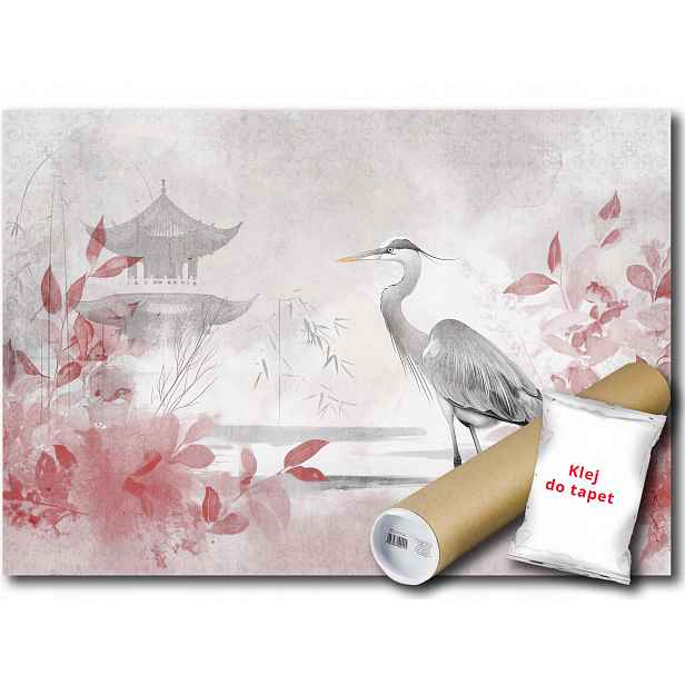 Vinylová fototapeta s grafikou ptáka, volavky, pagody, Japonsko, Asie 152x104