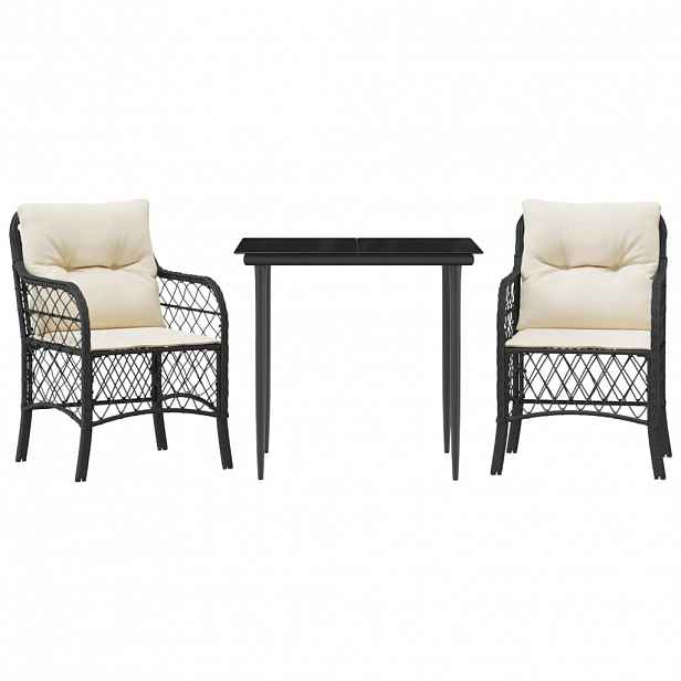 vidaXL 3dílný bistro set s poduškami černý polyratan