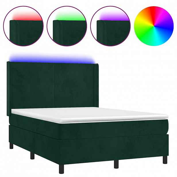 vidaXL Box spring postel s matrací a LED tmavě zelená 140x190 cm samet