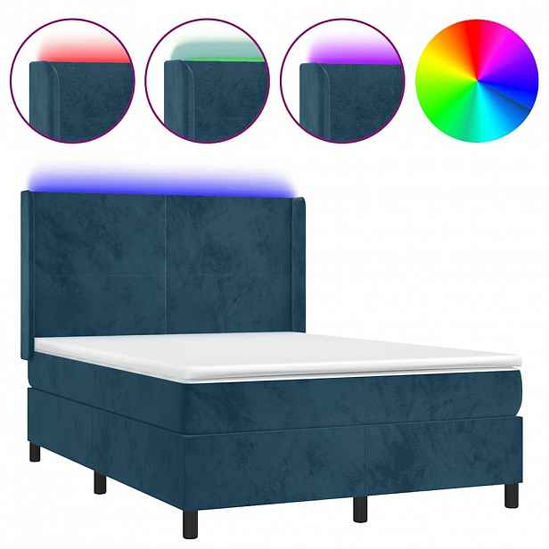 vidaXL Box spring postel s matrací a LED tmavě modrá 140x190 cm samet