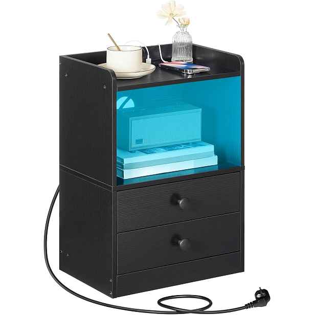 VASAGLE Noční stolek Silven 38 cm s LED osvětlením a nabíjecí stanicí černý