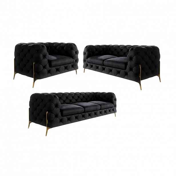 S-Style CHESTERFIELD SEDACÍ SOUPRAVA 3+2+1 Lexi z černého sametu se zlatými noham