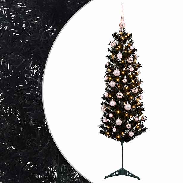 vidaXL Štíhlý umělý vánoční stromek s vánočními koulemi 150 cm 150 LED