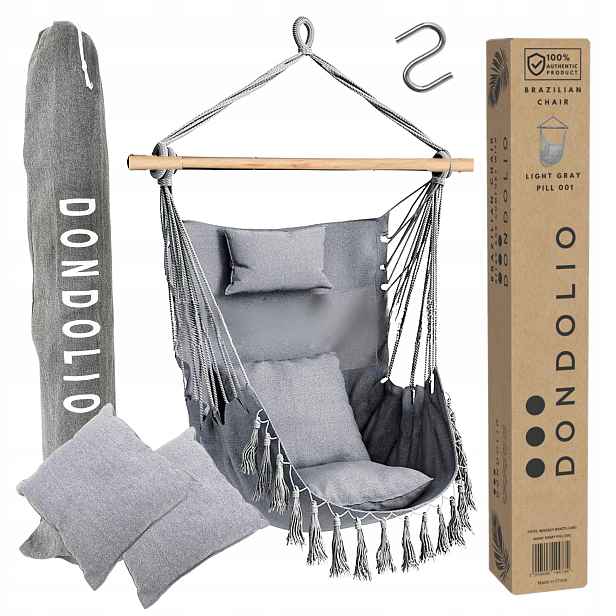 Závěsné křeslo brazilské boho zahradní 3 Polštáře Potah 15 kg Šedá