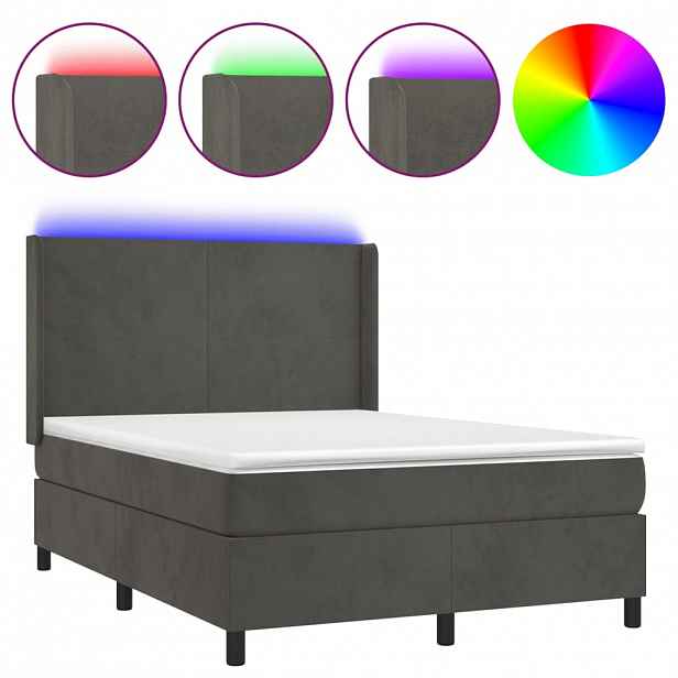 vidaXL Box spring postel s matrací a LED tmavě šedá 140x200 cm samet