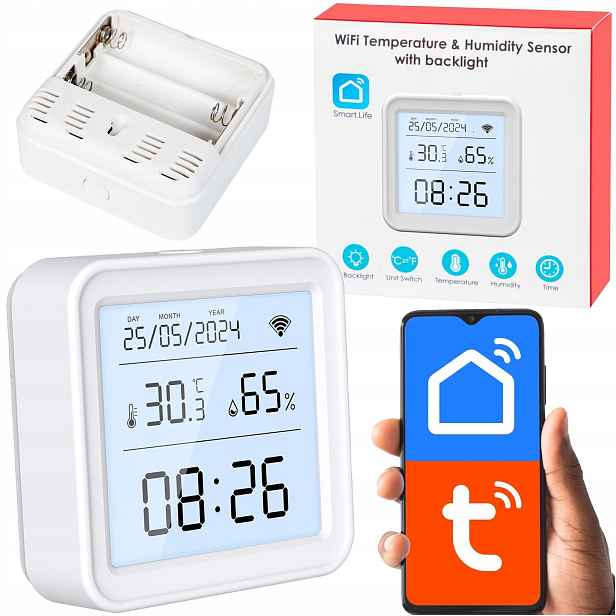 Teploměr Snímač teploty vlhkosti a hodiny Tuya Smart Life Wifi LCD