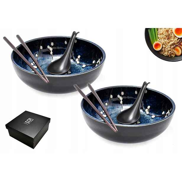 Sada 2 misek s lžícemi a paličkami Ramen Hana Blue 20 cm