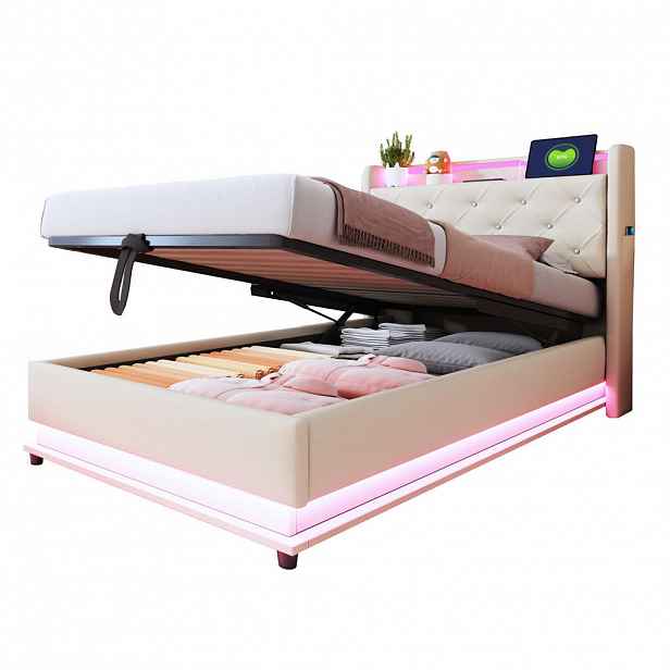 Redom ČALOUNĚNÁ postel 90/200 cm s LED osvětlením, USB a úložným prostorem, Béžová