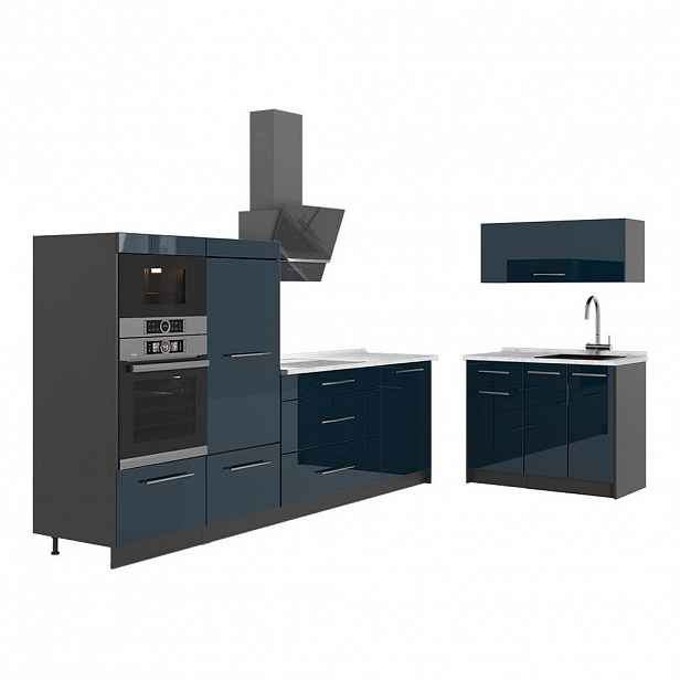 Vicco KUCHYNĚ Fame-Line, Tmavě modrá s vysokým leskem/Antracit, 380 cm, PD Mramor