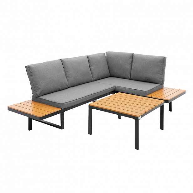 ML-DESIGN SADA ZAHRADNÍHO NÁBYTKU, 3 kusy, v šedé barvě s imitací dřeva a ocelovou konstrukcí