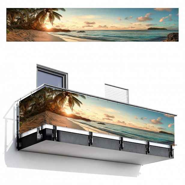 MuchoWow BALKONOVÁ ZÁSTĚNA Pláž - palmy - oceán - západ slunce 500x95 cm