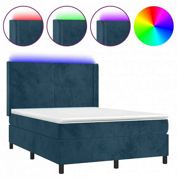 vidaXL Box spring postel s matrací a LED tmavě modrá 140x200 cm samet