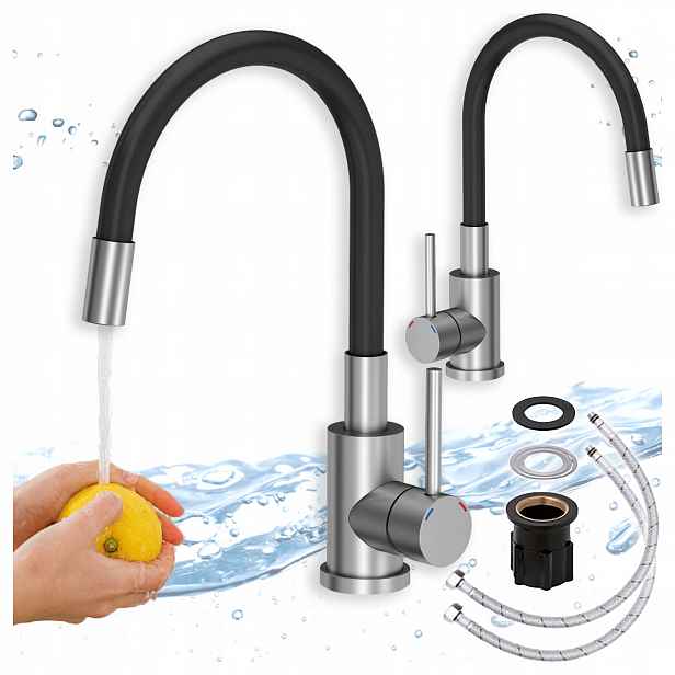 Kuchyňská baterie Stojící Dřez Elastická černá Výlevka Kuchyňský kohout Inox