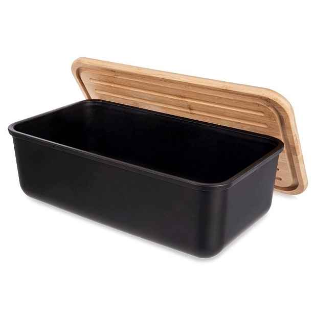 Kuchyňský zásobník na chléb Chlebak s bambusovou deskou, černý, na pečivo, rohlíky