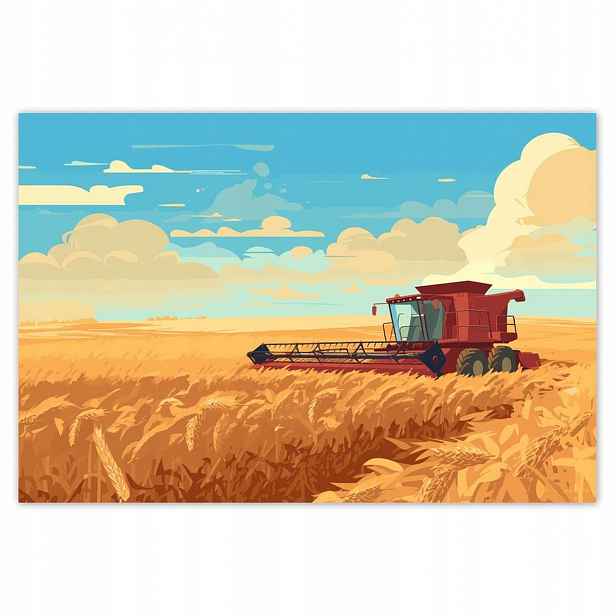 Plakáty 200x135 Červený kombajn v poli na sklizni