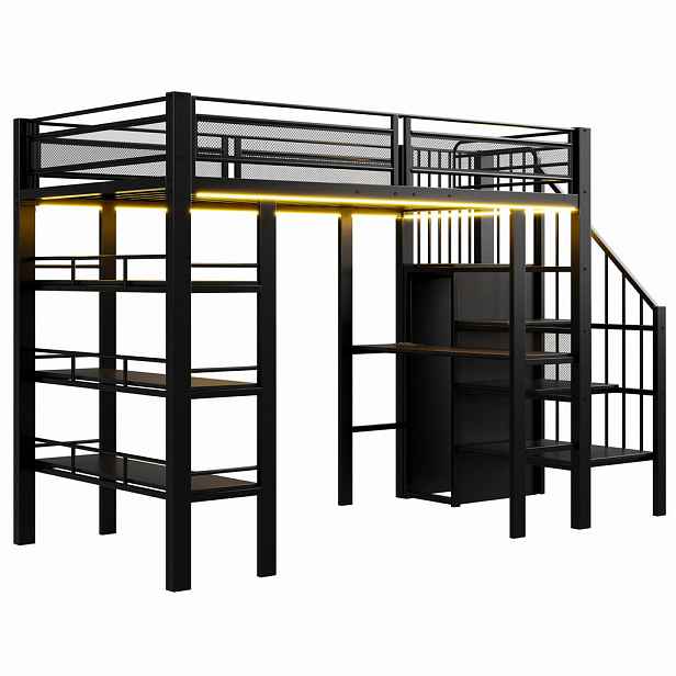 STILVORA HOCHBETT 90/200 cm in Schwarz mit Regal, Schreibtisch, LED und Steckdose