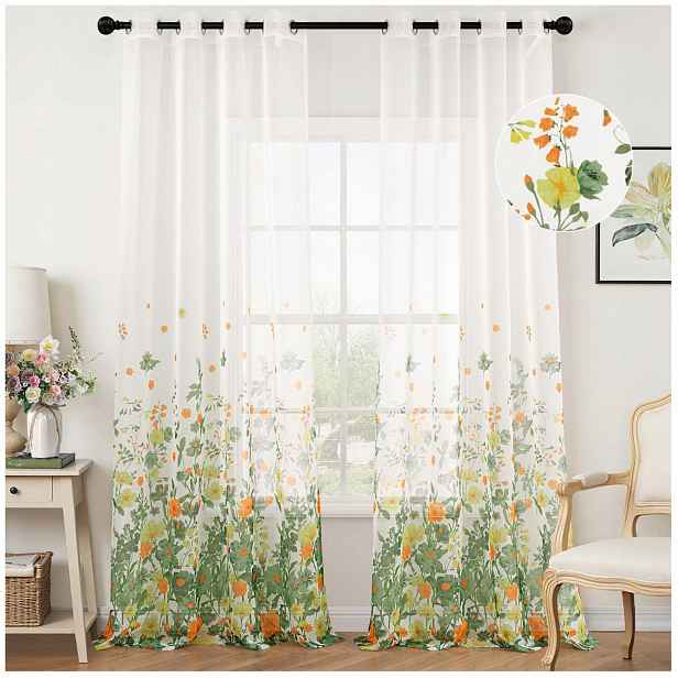 Záclona zelená s květinami 140 cm x 245 cm na průchodkách Woaboy 2 Kusy