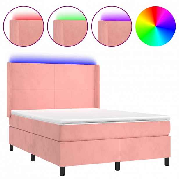 vidaXL Box spring postel s matrací a LED růžová 140x200 cm samet