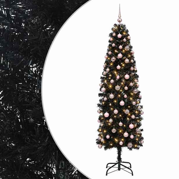 vidaXL Štíhlý umělý vánoční stromek s vánočními koulemi 180 cm 300 LED