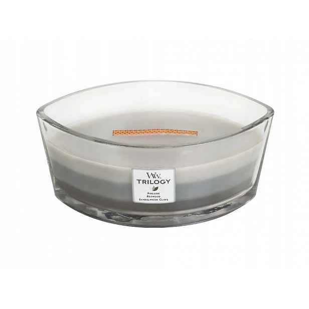WoodWick vonná svíčka s dřevěným knotem Trilogy Elipsa Warm Woods 453,6 g