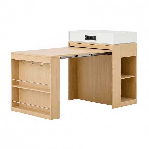 Modfu KUCHYŇSKÝ ostrov z MDF 146x83x96 cm přírodní s výsuvnou deskou, zásuvkami a úložným prostorem