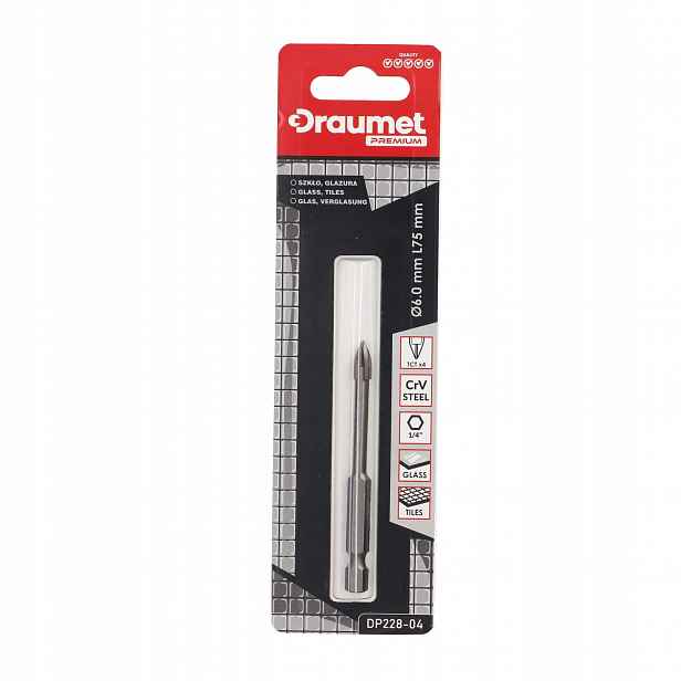 Draumet Premium Vrták na sklo a glazuru 4-břitý 6 x 75 mm, 10 ks
