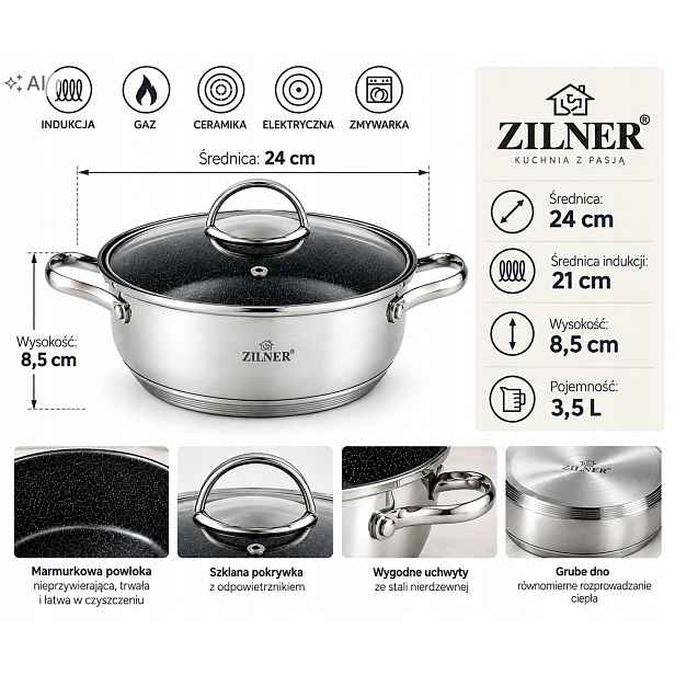 Hrnec Nízký Ocelový Stříbrný 24 CM 3,5 L Zilner