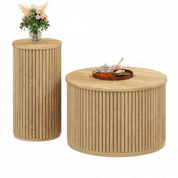 Modfu SADA konferenčních stolků z MDF 60x60x38,5 + 30x30x56 cm přírodní kulatý 2dílný set s 3D lamelovým dekorem