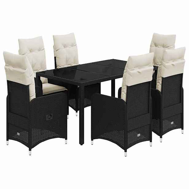 vidaXL 7dílný zahradní bistro set s poduškami černý polyratan