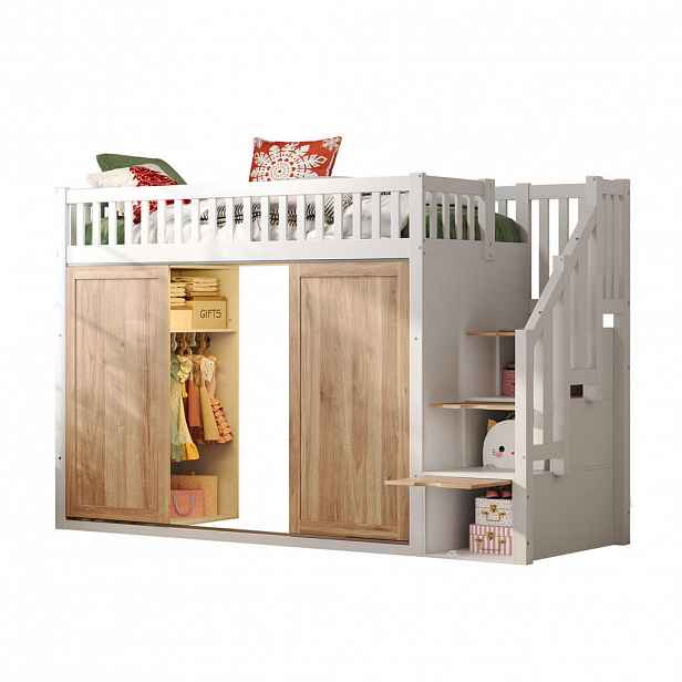 STILVORA HOCHBETT 90/200 cm in Weiß & Eichefarben mit Kleiderschrank, Treppenschrank und LED