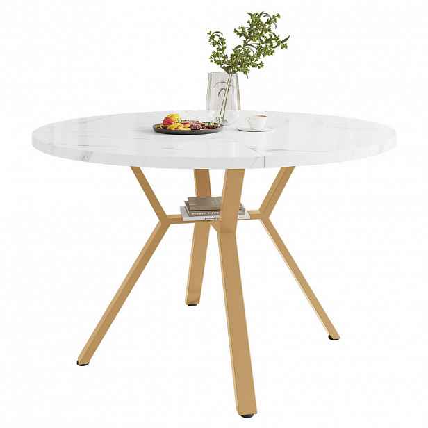 OKWISH JÍDELNÍ stůl 100/100/75 cm bílý a zlatý z MDF a oceli s mramorovým dekorem a kulatou deskou