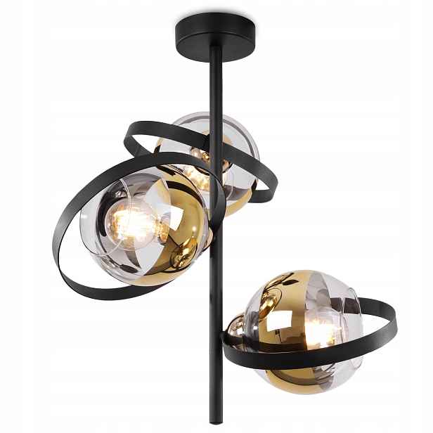 Stropní Svítidlo Trojitý Závěsný Lustr Černo Zlatý Loft Ring Kule E27