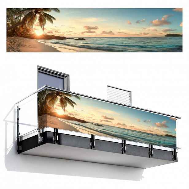 MuchoWow BALKONOVÁ ZÁSTĚNA Pláž - palmy - oceán - západ slunce 500x120 cm