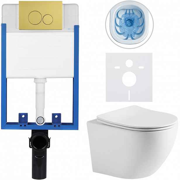 Kompletní WC set Profi/Cesso - bílá matná - WC tlačítko Duo/Zlatá - pro zazdění - 49x36 cm