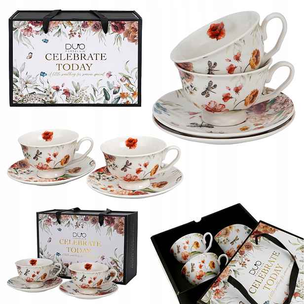 Sada 2 šálků Royal Rebecca 250 ml porcelán květiny dárek krabička