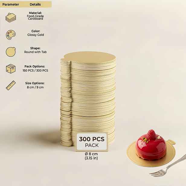 TEMU Zlaté mini podložky pod dorty 150/300 ks kulaté mousse podložky s , potravinářské mastnotě odolné silné papírové dezertní podnosy na cupcakes,