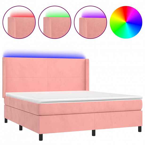 vidaXL Box spring postel s matrací a LED růžová 180x200 cm samet