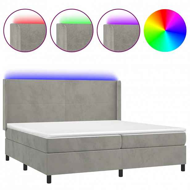 vidaXL Box spring postel s matrací a LED světle šedá 200x200 cm samet