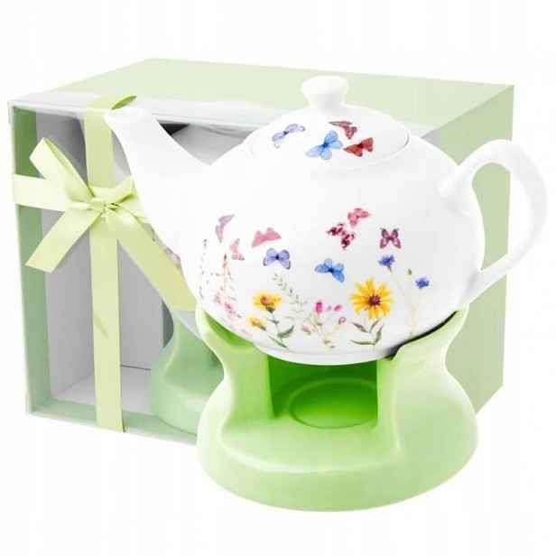 Porcelánový Džbán Se Zeleným Ohřívačem A Čajovou Konvicí 1 L Odelo