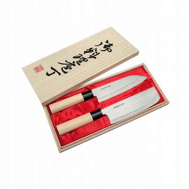 Japonský set v dřevěné krabičce Nůž Santoku Nakiri Satake Megumi