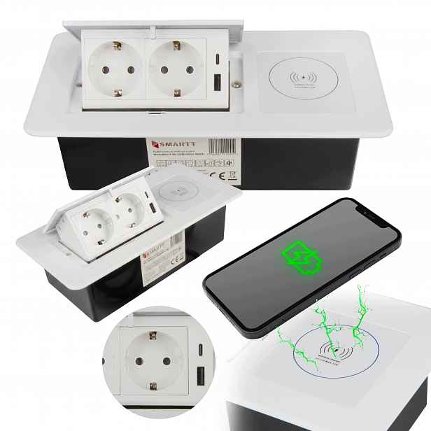 Zásuvka Na Desku Schovaná Do Pracovní Desky 2X Usb 2X 230 V Indukční Nabíječka Bílá